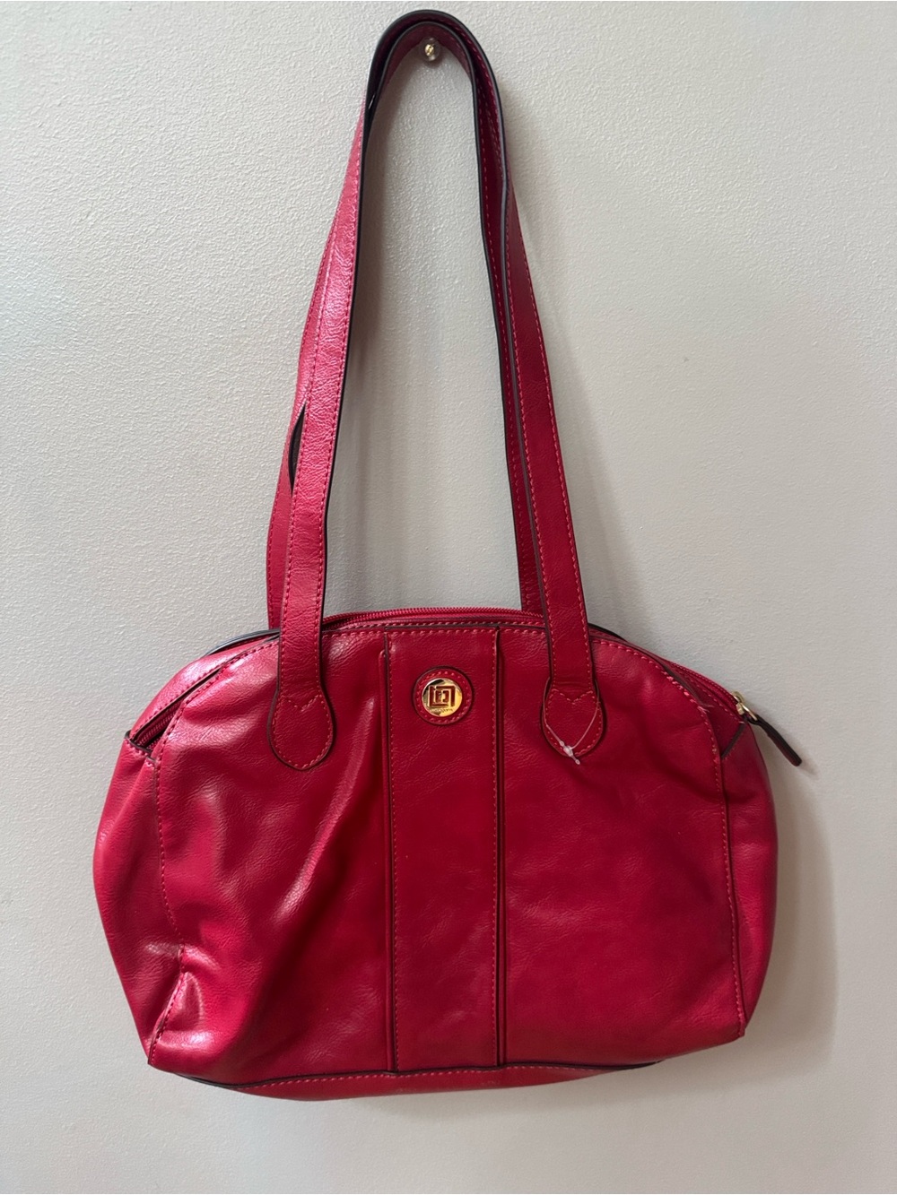 Liz Claiborne VINTAGE Red Leather Shoulder Bag with Gold Medallion